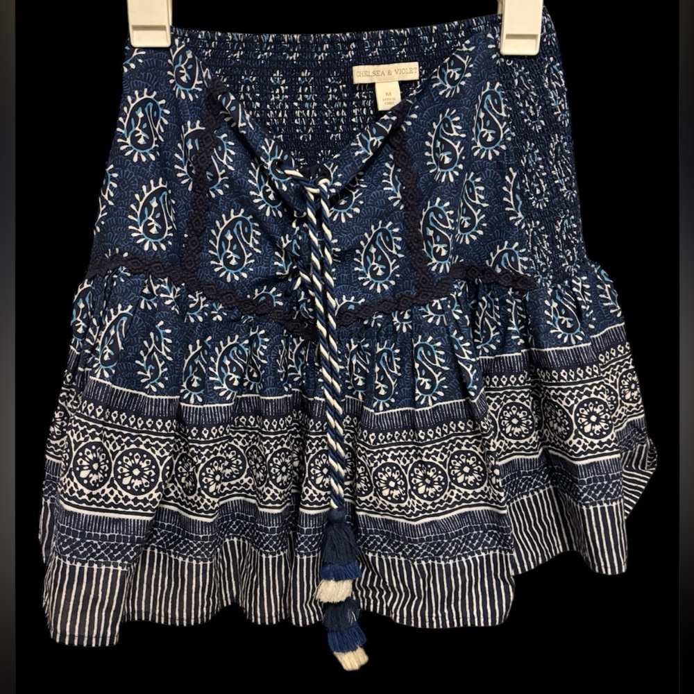 CHELSEA & VIOLET Mayan Blue Paisley Tassel Tie Smocked Skirt M